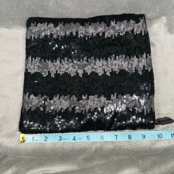 BCBGeneration Black and Silver Sequin Fold Over Clutch Zippered Closure - Picture 7 of 11